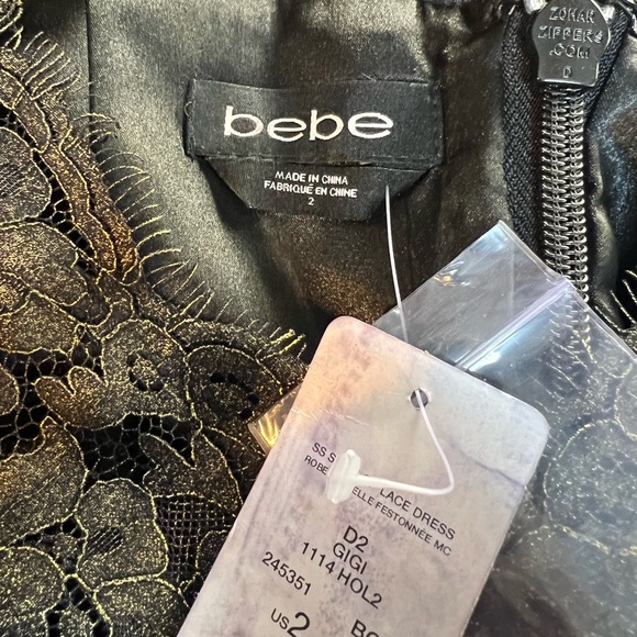 Bebe NWT $169 Women's 2 Gold Scallop Lace Metallic Sheath Cocktail Party Dress - Picture 9 of 11